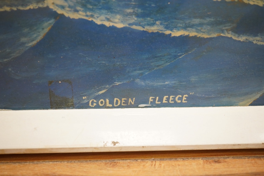 Naive English School, maritime oil on board, ‘Golden Fleece’, mongrammed and dated 1971, 35 x 52cm. Condition - poor